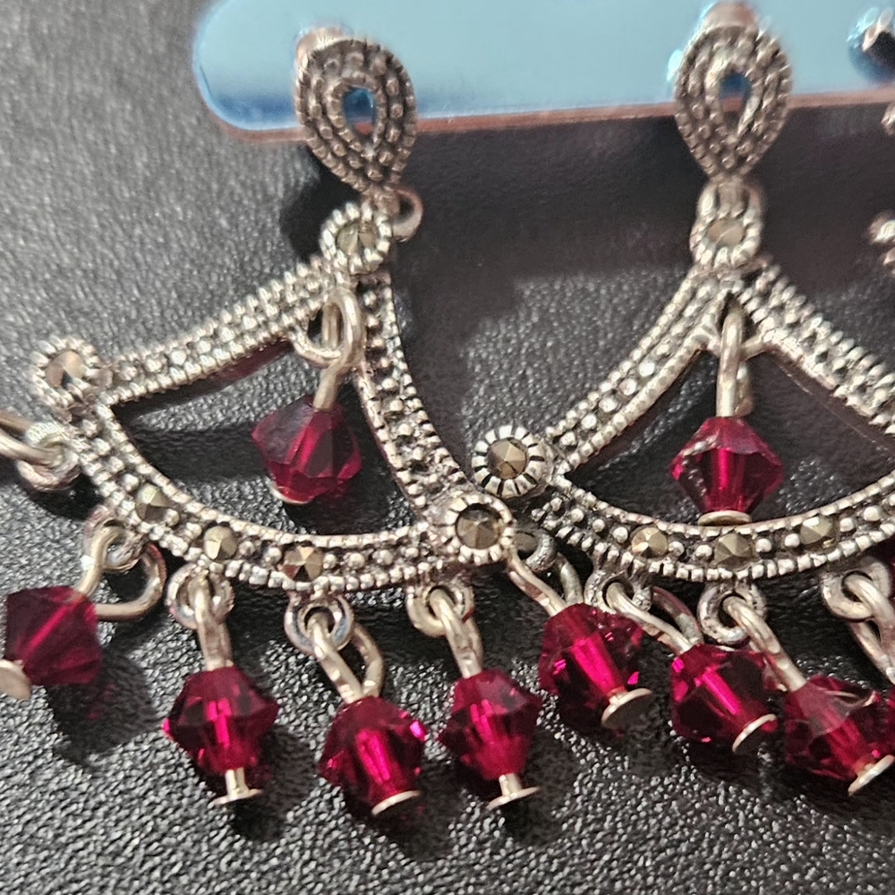 Elegant Silver and Red Chandelier Earrings